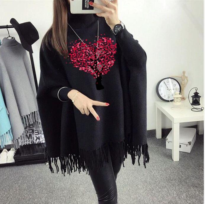 Women's  fleece heart tree printed poncho