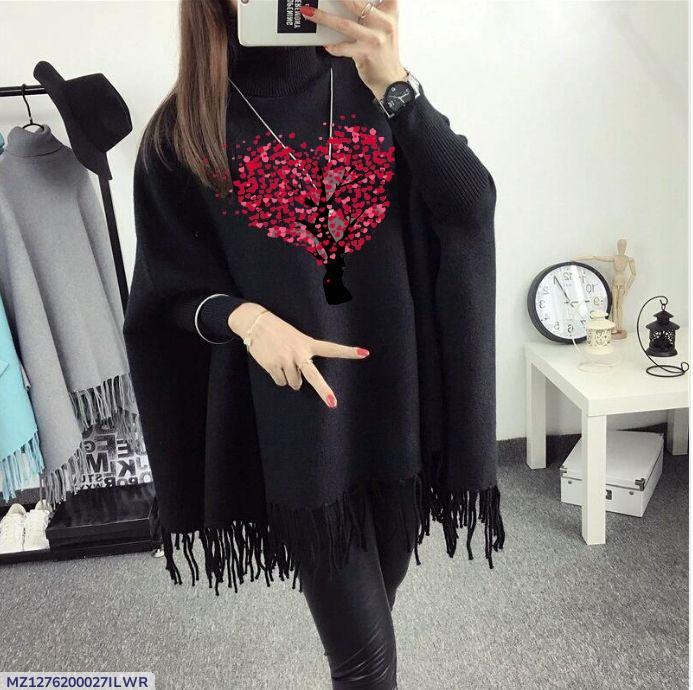 Women's  fleece heart tree printed poncho